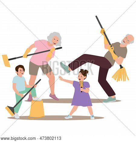 Happy Family Illustration. Grandparents And Grandchildren Dancing And Singing, Enjoying Time Togethe