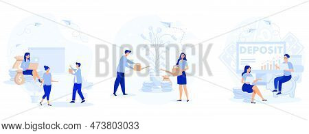 Deposit Concept. Longterm Money Saving Finance. Tiny People Put Money In Bank Safe With Dollars. Ban