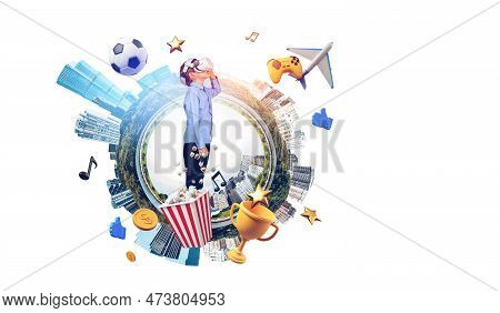 Child In Vr Glasses Playing A Video Game, Earth Sphere With Entertainment Icons And Immersive Experi