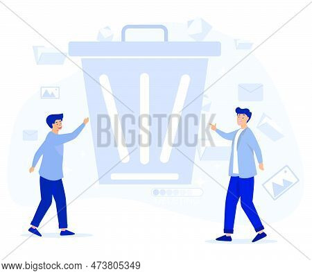 Delete Concept. Tiny People Deleting Data. Flat Vector Modern Illustration.
