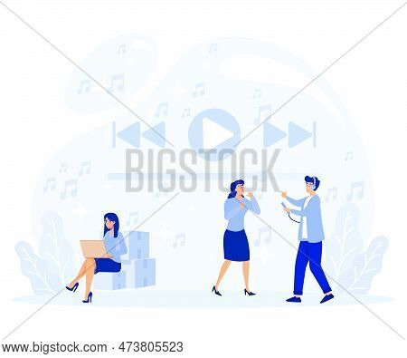 Media Player App Concept. Tiny People Listen Music, Sound, Audio Or Radio. Flat Vector Modern Illust