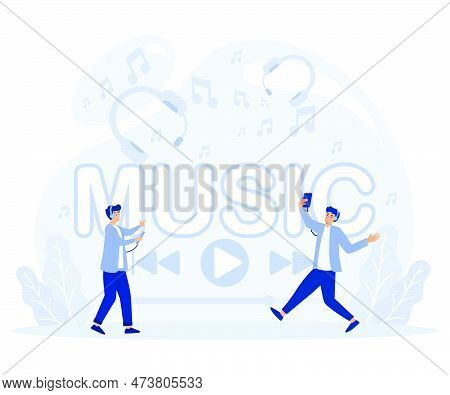 Media Player App Concept. Tiny People Listen Music, Sound, Audio Or Radio. Flat Vector Modern Illust