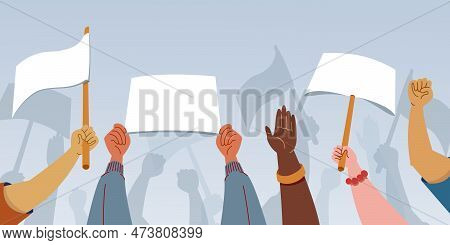 People Holding Blank Signs Placards Flags And Banners Set. Flat Vector Illlusctration. Demonstartion