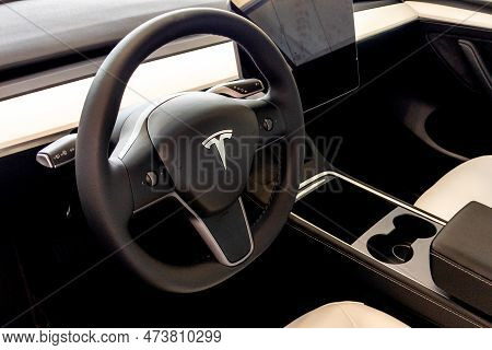 Bordeaux , Aquitaine  France - 03 31 2023 : Tesla Model Y Digital Dashboard Interior On Modern Ev Ca