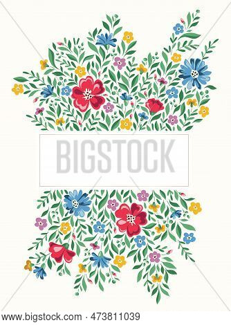 Colorful Chintz Romantic Meadow Wildflowers Vector Rectangular Frame. Cottagecore Garden Flowers And