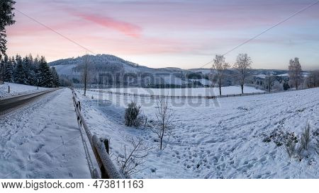 Panoramic Image Of Winter Landscape During Sunrise, Schmallenberg, Sauerland, Germany