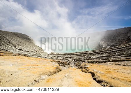Ijen Volcano With Turquoise-coloured Acidic Crater Lake In East Java, Indonesia