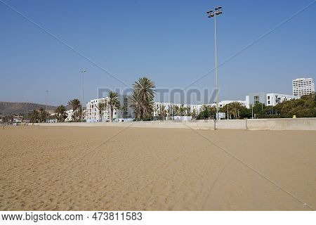 Beach With Promenade In African Agadir City In Morocco, Clear Blue Sky In 2023 Warm Sunny Winter Day