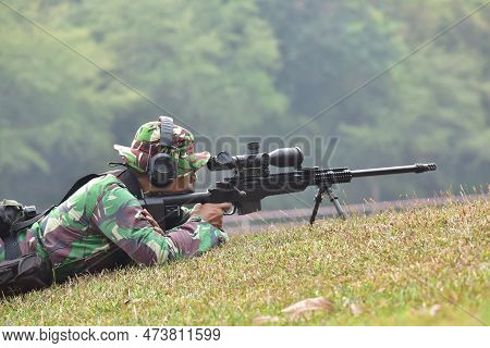 Jakarta, Indonesia - June 26, 2018: Soldier Aiming Target Using Spr-4 Part #5