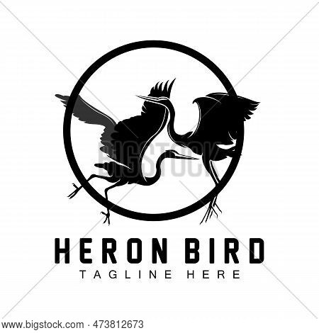 Bird Heron Stork Logo Design, Birds Heron Flying On The River Vector, Product Brand Illustration