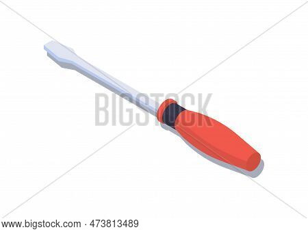 Isometric Red Screwdriver Concept. Instrument, Equiment And Tool. Plastic Handle With Metal. Renovat