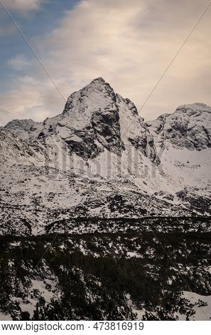 Winter Mountain Landscape In Polish Tatra Mountains. Snowy Morning With A View Of The Koscielec Moun