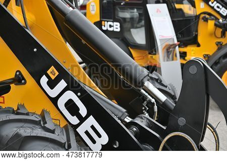 Kaunas, Lithuania - March 30, 2023: Jcb Heavy Duty Equipment Vehicle And Logo Clode-up At Internatio