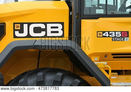 Kaunas, Lithuania - March 30, 2023: Jcb Heavy Duty Equipment Vehicle And Logo Clode-up At Internatio