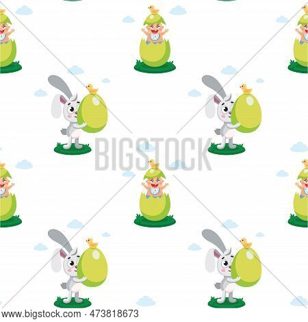 Happy Easter Seamless Pattern. Vector Cute Pattern For Kids Clothes, Textile With Easter Rebbits And
