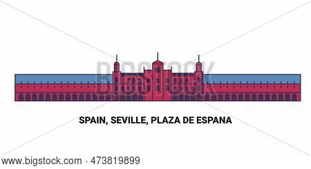 Spain, Seville, Plaza De Espana Travel Landmark Vector Illustration