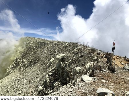 Rocky Crater On Mount Sindoro. Beautiful Sindoro Dead-forest Crater. Summer