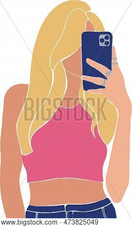 A Young Blonde Girl Makes A Selfie On The Phone. Funny Art. Print, Poster, Banner. Vector Illustrati