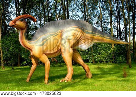 Rogowo, Poland - July 26, 2007: Dinosaur Parasauroloph, Parasaurolophus Walkeri In Jurassic Park, Di