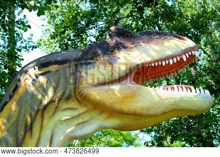 Rogowo, Poland - July 26, 2007: Dinosaur Allosaur, Allosaurus Fragilis In Jurassic Park, Dinosaurs S