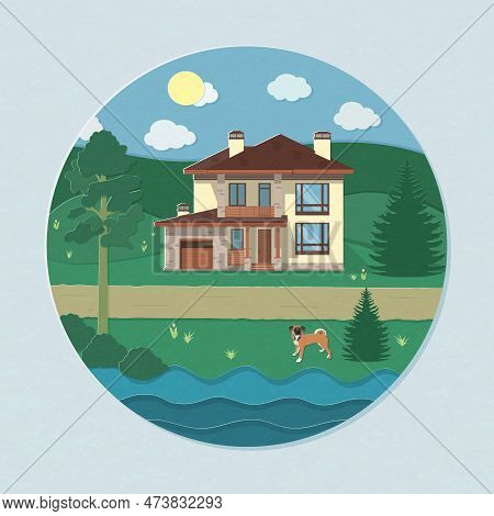 Beautiful Two-story House Near River And Among Trees In Paper Cut Style
