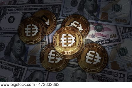 Dai Eth Stablecoin Cryptocurrency Golden Coin 3D Illustration