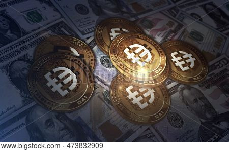 Dai Eth Stablecoin Cryptocurrency Golden Coin 3D Illustration