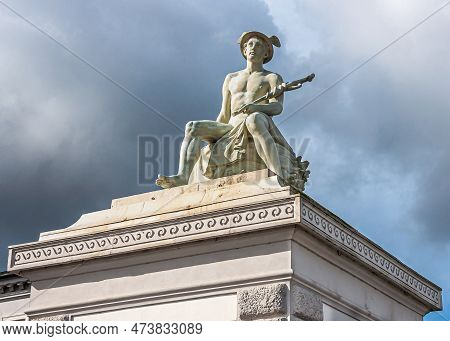 Copenhagen, Denmark - September 13, 2010: Mercurius Or Hermes God White Stone Statue Closeup On Pill