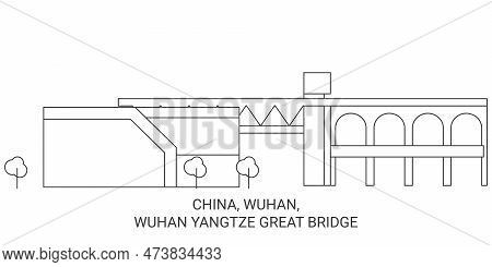 China, Wuhan, Wuhan Yangtze Great Bridge Travel Landmark Vector Illustration