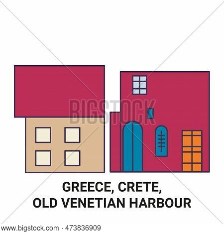 Greece, Crete, Old Venetian Harbour Travel Landmark Vector Illustration