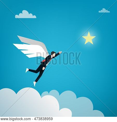 Businessman Reach Out For The Star By Using His Wings Symbol. Business Symbol Vector Illustration