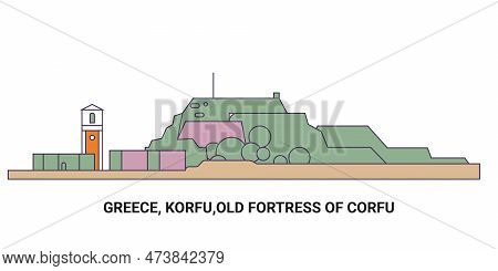 Greece, Korfu, Old Fortress Of Corfu, Travel Landmark Vector Illustration