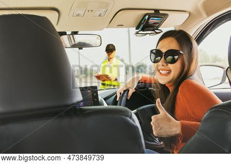 Beautiful Young Asian Amateur Girl In Sunglasses Showing Thumbs Up Ready For Practical Driving Lesso