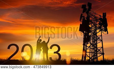 Silhouette Architect Electrician Team At Sunset Two Engineers Pointing Telecom Tower Planning 2023 W