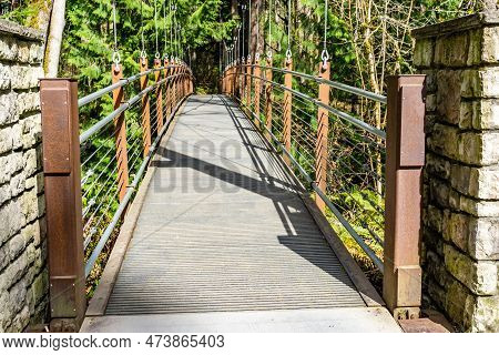 A View Os A Walking Suspension Brdige At  Bellevue Botanical Garden In Washington State.
