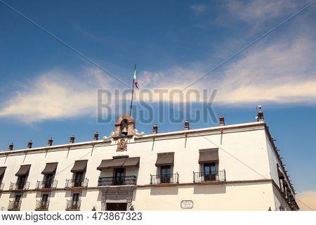 A Queretaro City Mexico Downtown Plaza Independencia With Mexico Flag