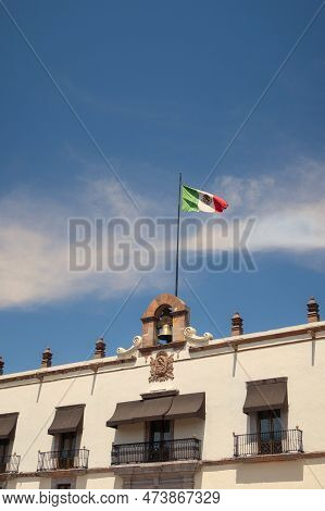 A Queretaro City Mexico Downtown Plaza Independencia With Mexico Flag
