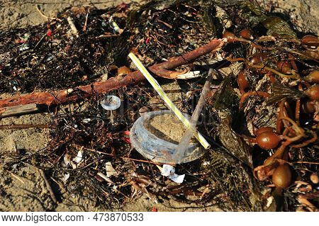 Pollution Is Fouling Our Beaches And Destroying The Earth. Plastic Straws, Cup Lids, And Other Trash