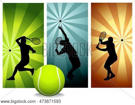 Tennis Player Silhouettes Set 2 - Vector. Mens Players With Balls On Retro Backgrounds. Easy Change 