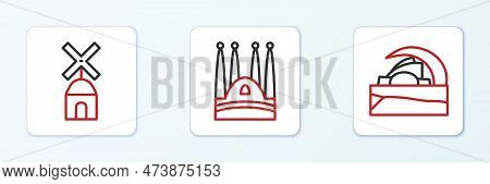 Set Line Concert Hall De Tenerife, Windmill And Sagrada Familia Icon. Vector