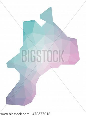 Polygonal Map Of Mayreau. Geometric Illustration Of The Island In Emerald Amethyst Colors. Mayreau M