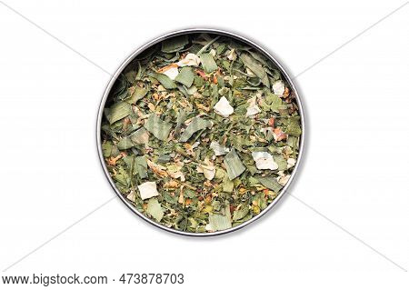 Different Soup Herbs Mix. Isolated On White. Small Bowl Of Dinner Ingredients. Dry And Chopped Hebrs