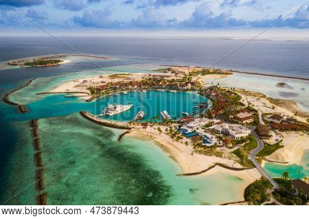Marina At The Crossroads Maldives Islands. South Male Atoll. Aerial Drone Picture. June 2021