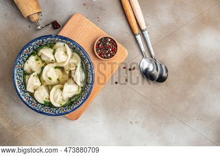 Dumplings In The Soup Chuchvara Banner, Menu, Recipe Place For Text, Top View. Uzbek Cuisine.