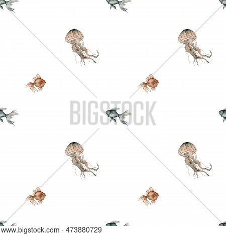 Seamless Pattern With Watercolor Medusa And Fish. Hand Painted Seashells Pattern. Watercolor Vintage