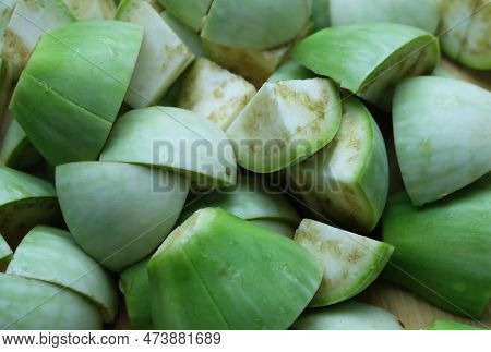 Chopped Fresh Green Cockroach Berry Or Green Eggplant, A Nutritious Ingredient Often Used In A Varie