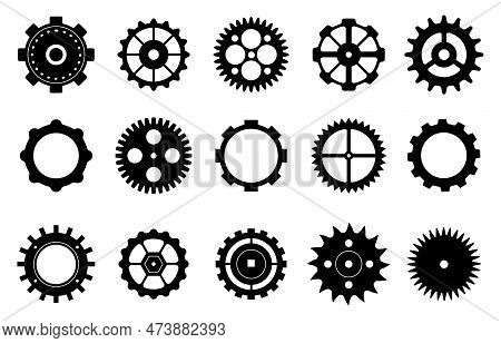 Gears Flat Icons, Factory Gear Wheel Graphic. Black Cogs Symbols. Progress Or Service Process, Work 