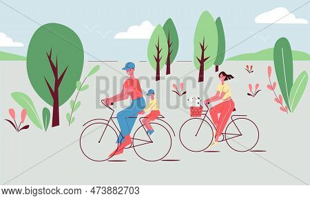 Family Traveling On Bike. Parents, Children And Dog In Bascet. World Bicycle Day. Vector