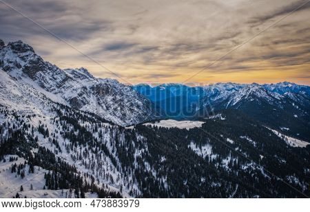Sunrise In A Winter Day With Fresh Snow. Italy, Trentino Alto Adige, Pinzolo And Madonna Di Campigli