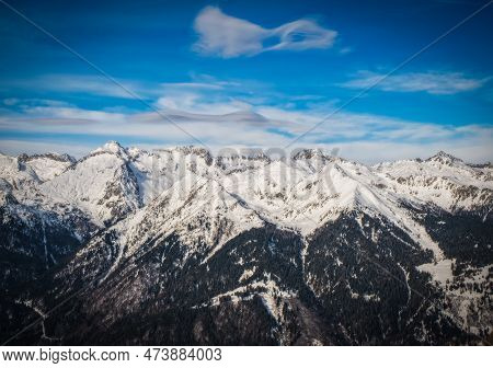 The Dolomites Mountains In Beautiful Winter Day. Pinzolo Ski Resort, Italy. January 2023